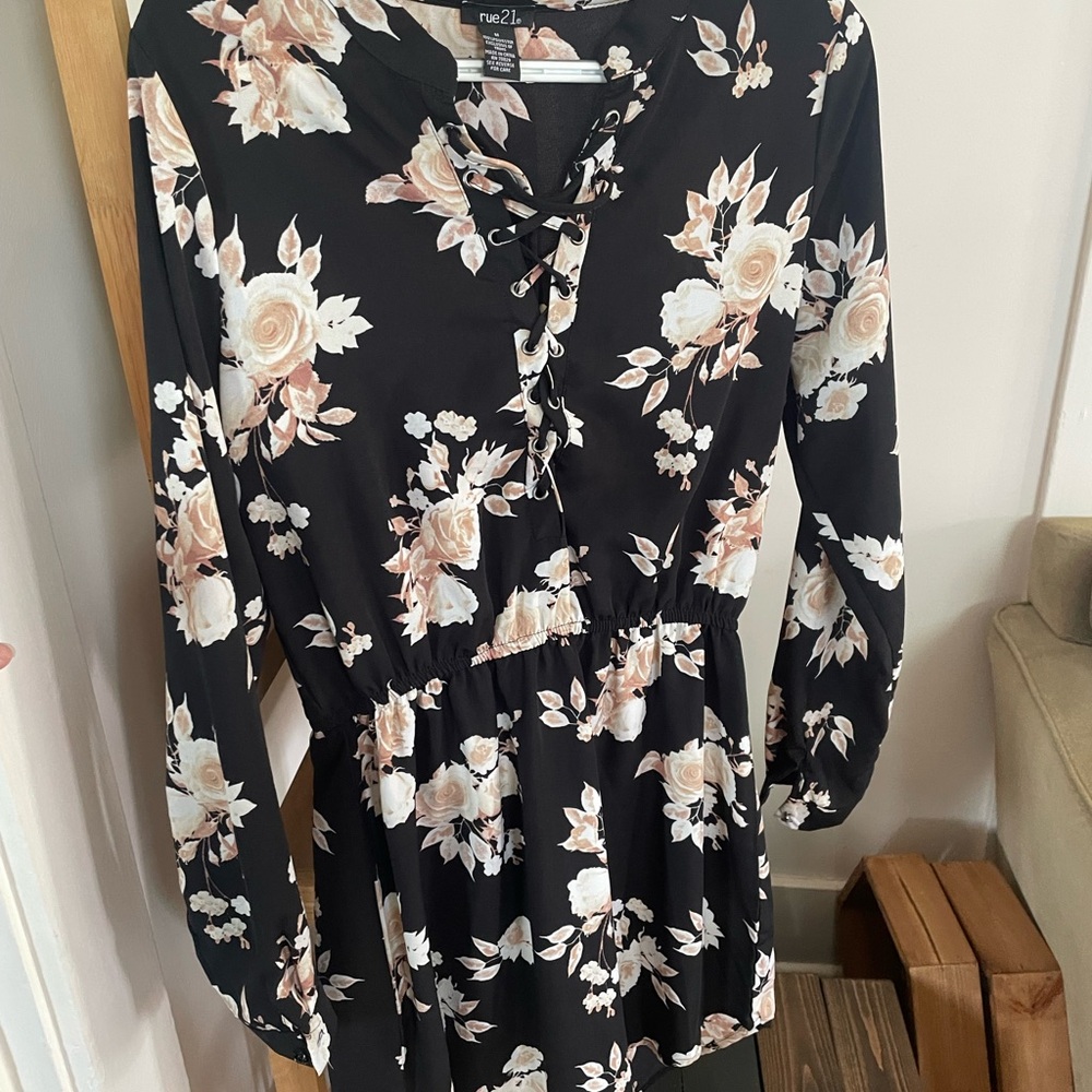 Floral Lace-Up Black Dress